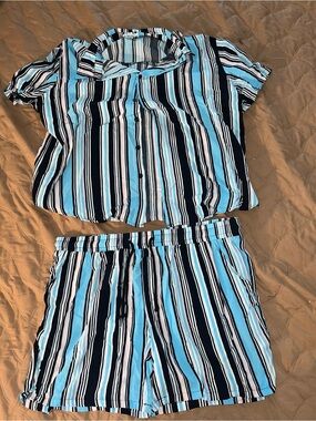 Striped Button-Up Short Set in Blue, Black & White